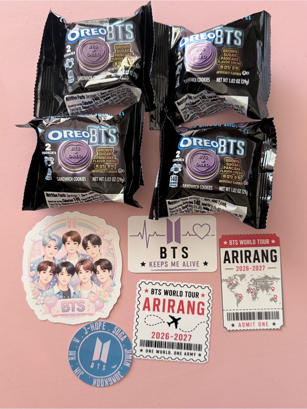 4 OREO BTS 1.02 oz Snack Packs & 5 stickers